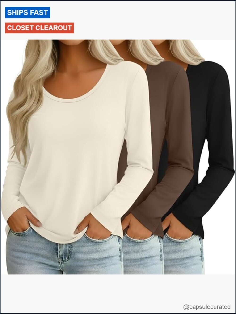 3 Pack Long Sleeve Scoop Neck T-Shirts - Soft Stretchy Layer Tops